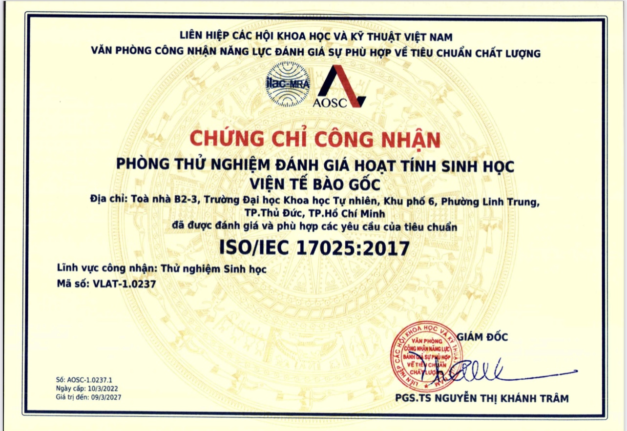 PHÒNG THỬ NGHIỆM ĐÁNH GIÁ HOẠT TÍNH SINH HỌC VIỆN TẾ BÀO GỐC (LABA) ĐƯỢC CÔNG NHẬN ĐẠT TIÊU CHUẨN QUỐC TẾ ISO/IEC 17025:2017